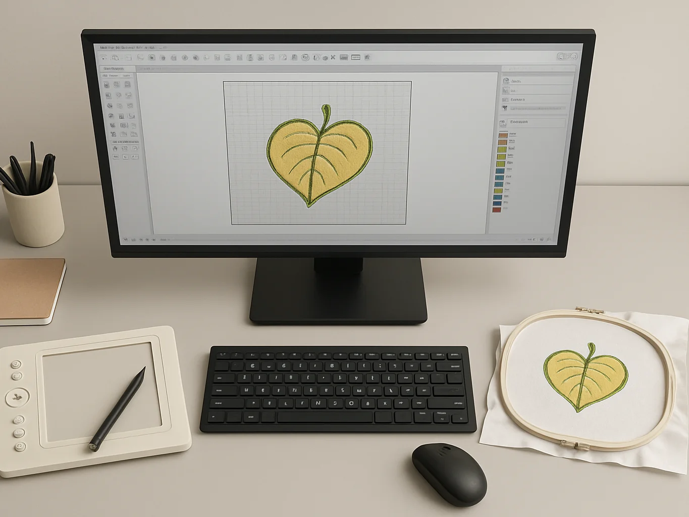 Close overhead view of an embroidery digitizing workstation with