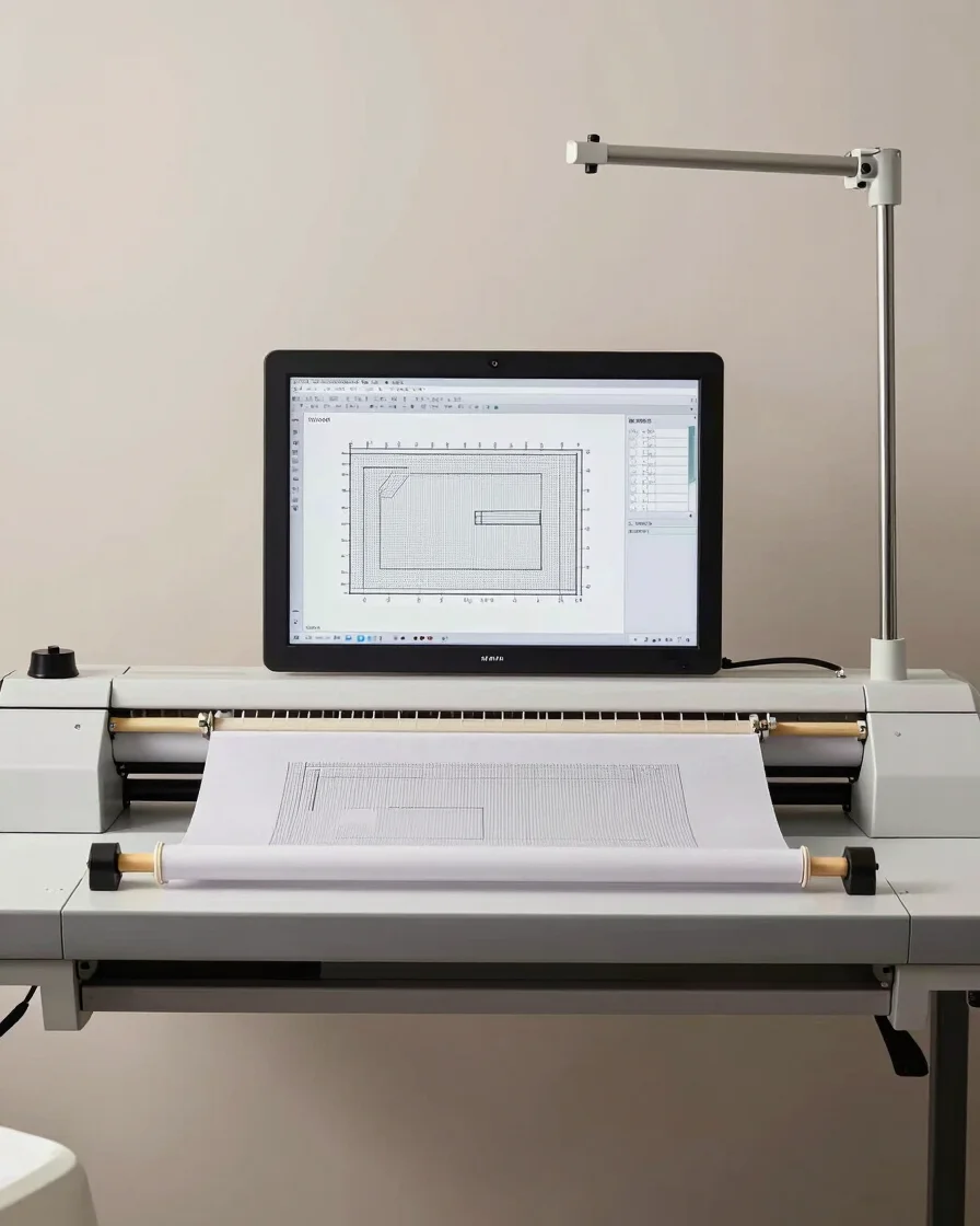 Clean editorial studio photograph of an embroidery digitizing wor